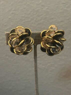 Swarovski Gold and Black Floral Crystal Clip-On Earrings